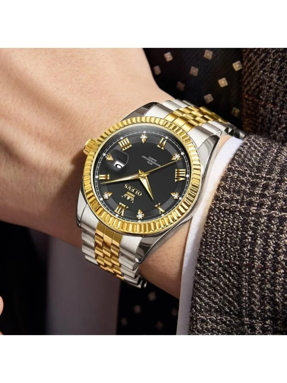 Men's Gold Black Diamond Classic Analog Stainless Steel Waterproof Wrist Watch